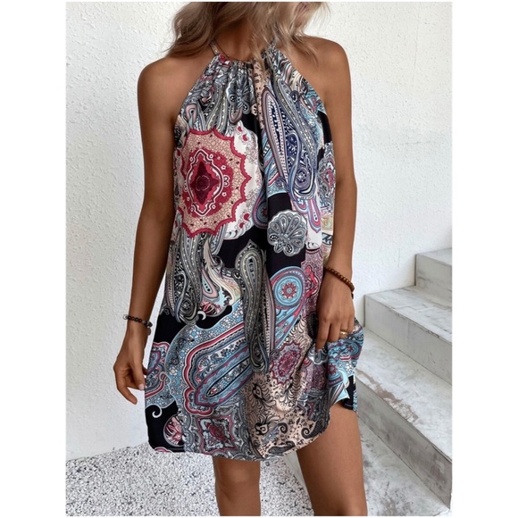 Boho Floral Paisley Halter Mini Dress - Picture 2 of 13